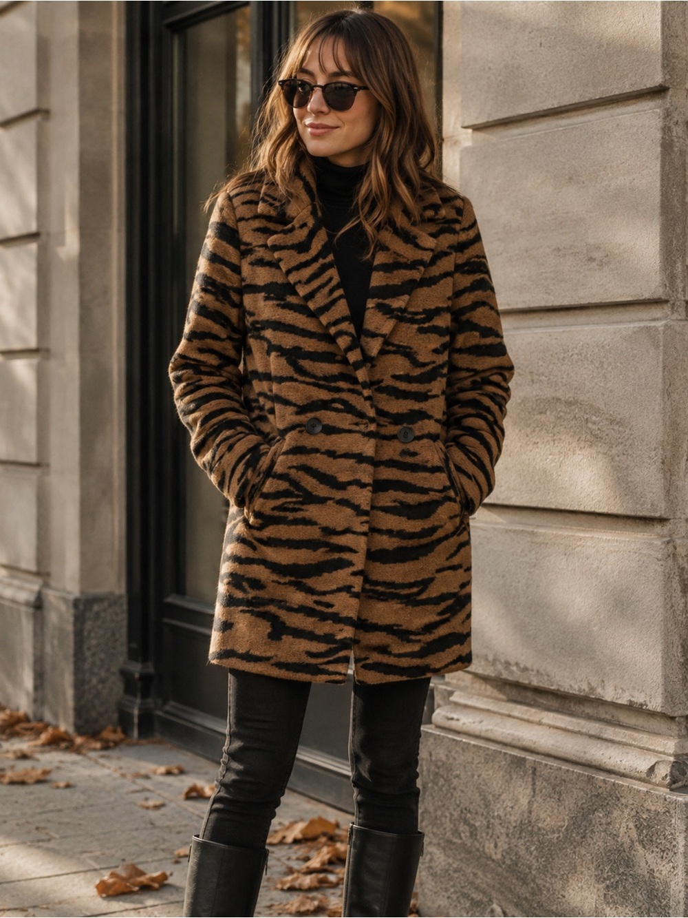 Stradivarius Tiger Print Soft & Cozy Double-Breasted Statement Coat